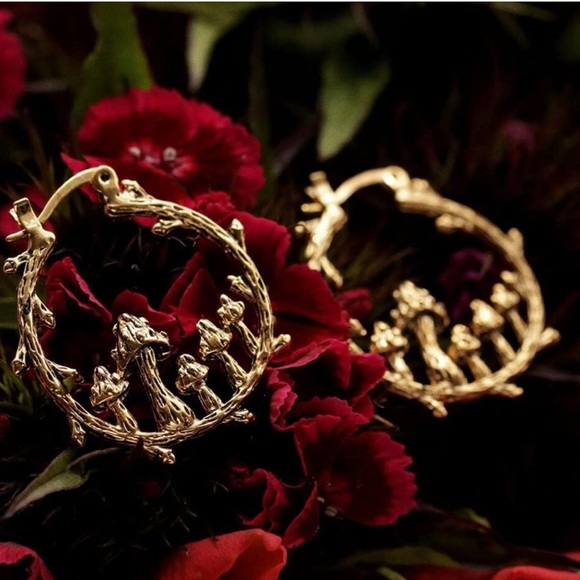 Gold Metal Mushroom Hoop Earrings - Picture 2 of 6